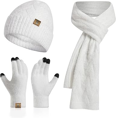 Winter Knit Hat Beanie Scarf for Women with Touch Screen Gloves Set Skull