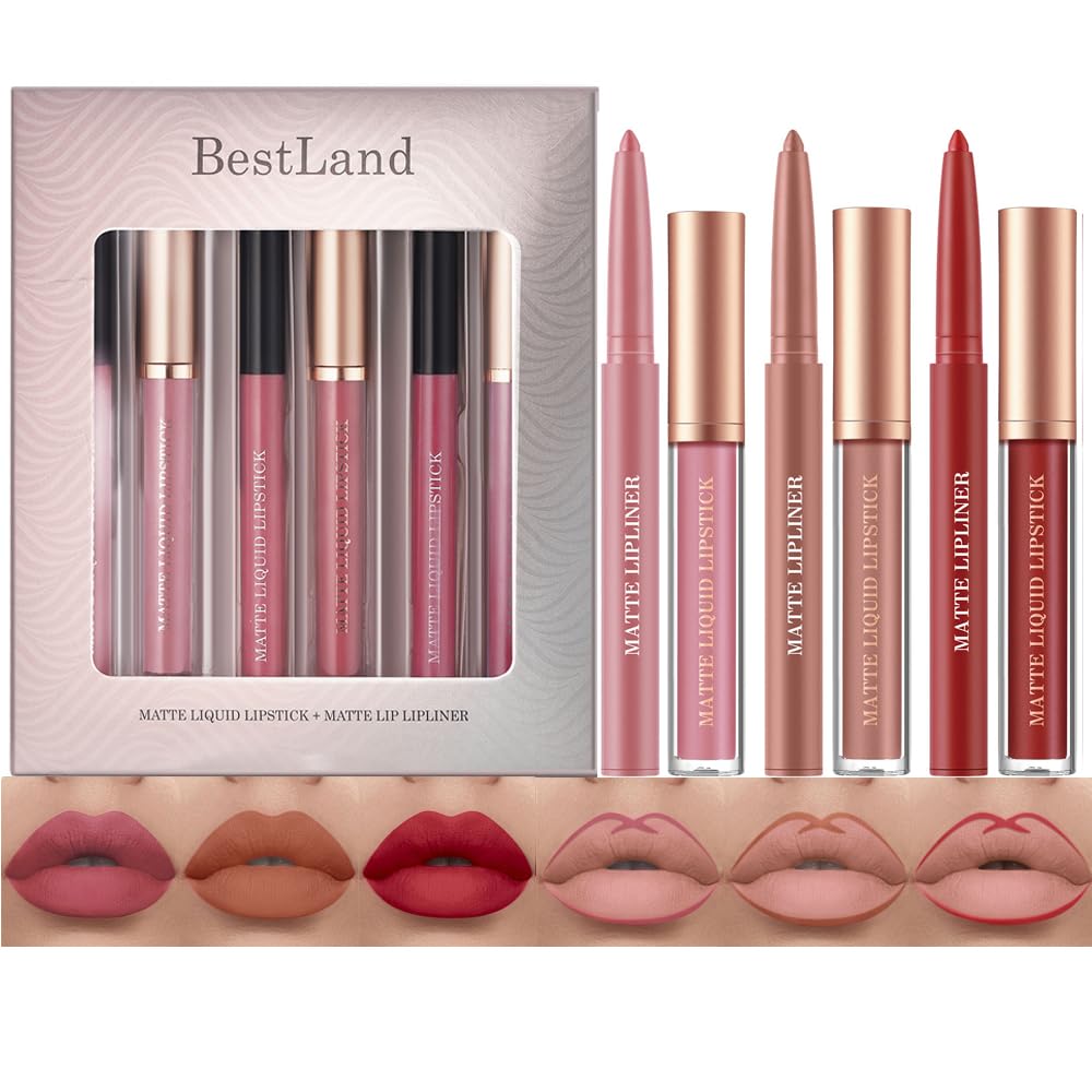 BestLand 6Pcs Matte Liquid Lipstick + Lip Liner Pens Set