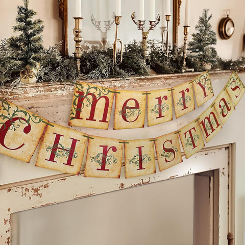 Christmas Decorations - Vintage Merry Christmas Banner - Retro Nostalgic Traditional Old Fashioned Victorian Xmas Holiday Decor