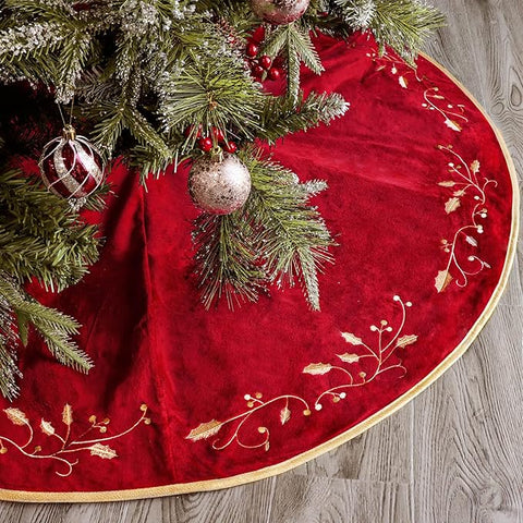 Christmas Tree Skirt|  Red Velvet Plush Fur Skirts with Gold Embroidered