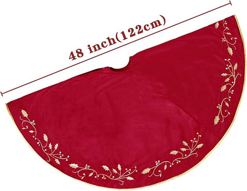 Christmas Tree Skirt|  Red Velvet Plush Fur Skirts with Gold Embroidered