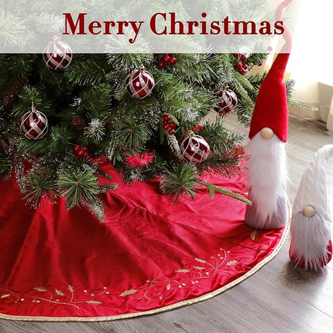 Christmas Tree Skirt|  Red Velvet Plush Fur Skirts with Gold Embroidered