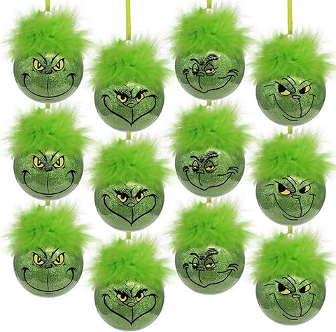 12pcs Cute Green Elf Christmas Tree Ornaments with Fuzzy Hair