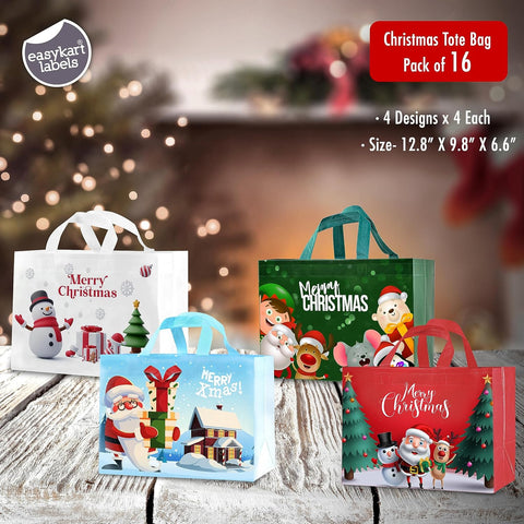 16PCS Christmas Gift Bags,Christmas Tote Bags with Handles, Christmas Treat Bags