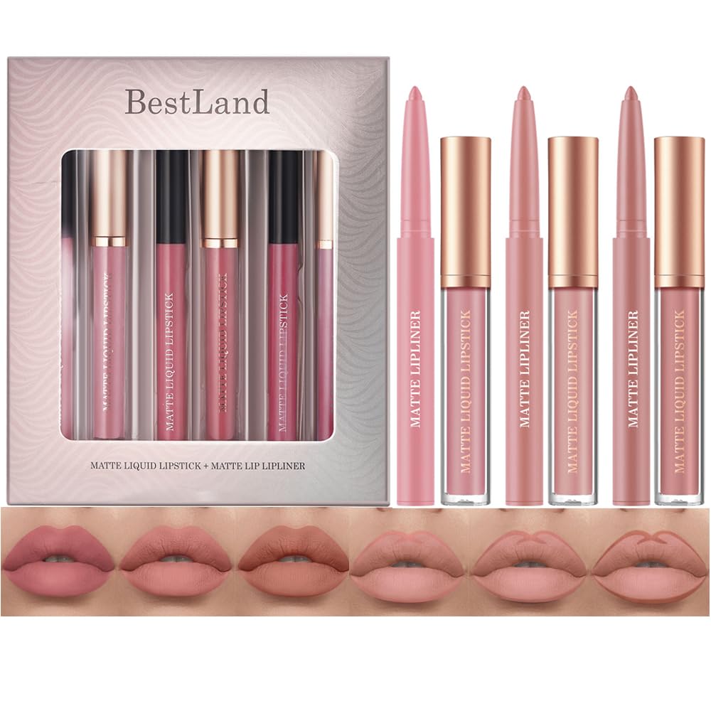 BestLand 6Pcs Matte Liquid Lipstick + Lip Liner Pens Set