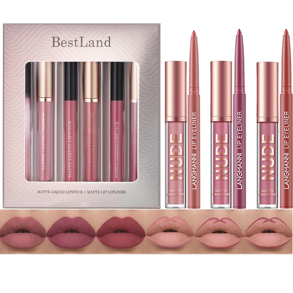 BestLand 6Pcs Matte Liquid Lipstick + Lip Liner Pens Set