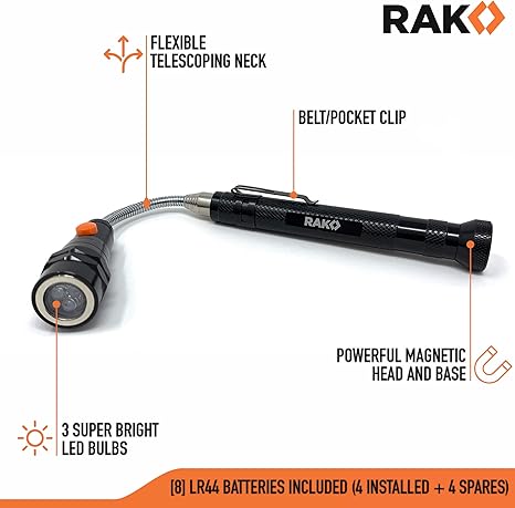 RAK Magnetic Pickup Tool | Telescoping Magnet with LED Flashlight